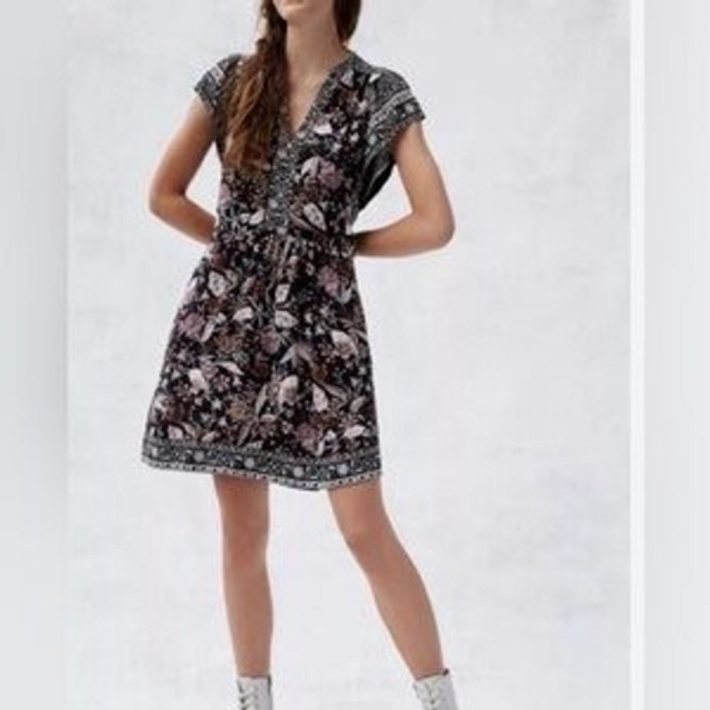 Anthropologie Floral V-Neck Mini Dress Black Boho Cap Sleeve Pockets XS